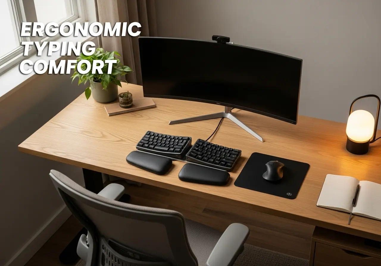 Ergonomic desk setup with proper monitor, keyboard, and mouse placement